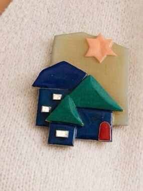 Vintage House Pins by Lucinda Brooch Pin Resin Three Houses and Sun casual